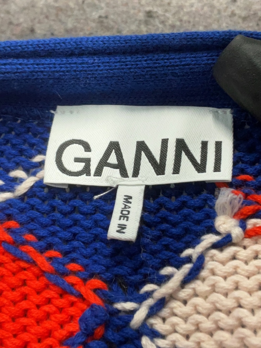 Ganni Blue Argyle V-Neck Cardigan with Pink and Red Accents - Picture 11 of 14